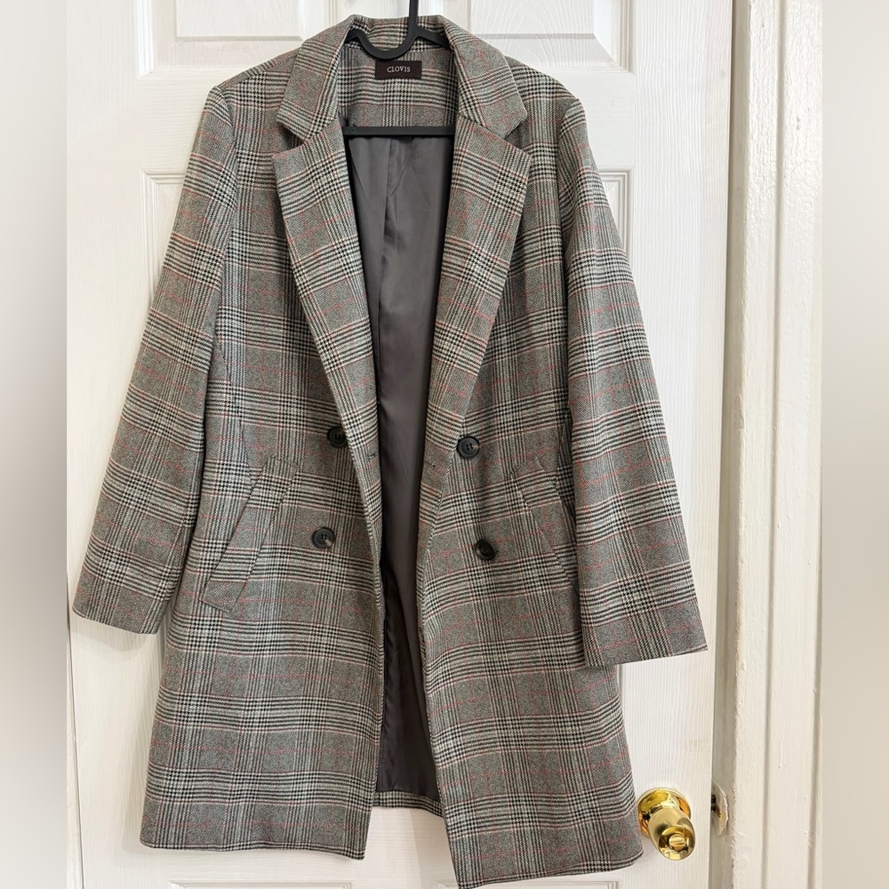 Classic Gray Plaid Double-Breasted Women's Coat